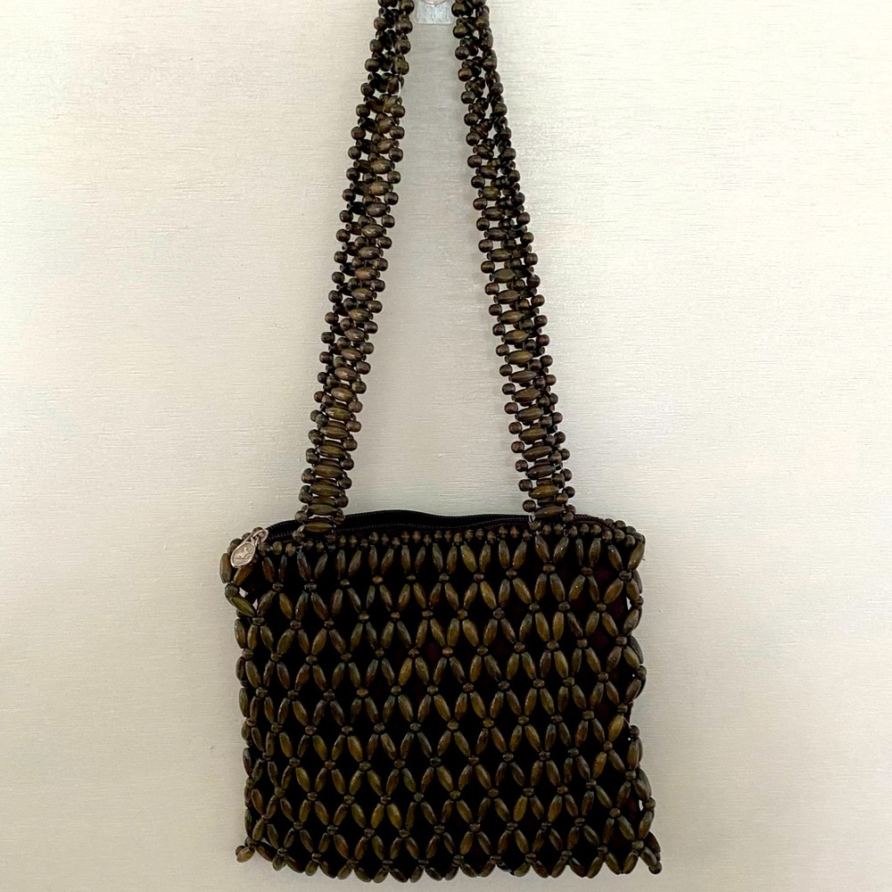 Liang Quan Wooden Bead "X" Design Zippered Purse Vintage